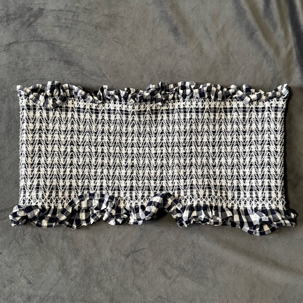 Zara Navy and white gingham tube top with ruffles